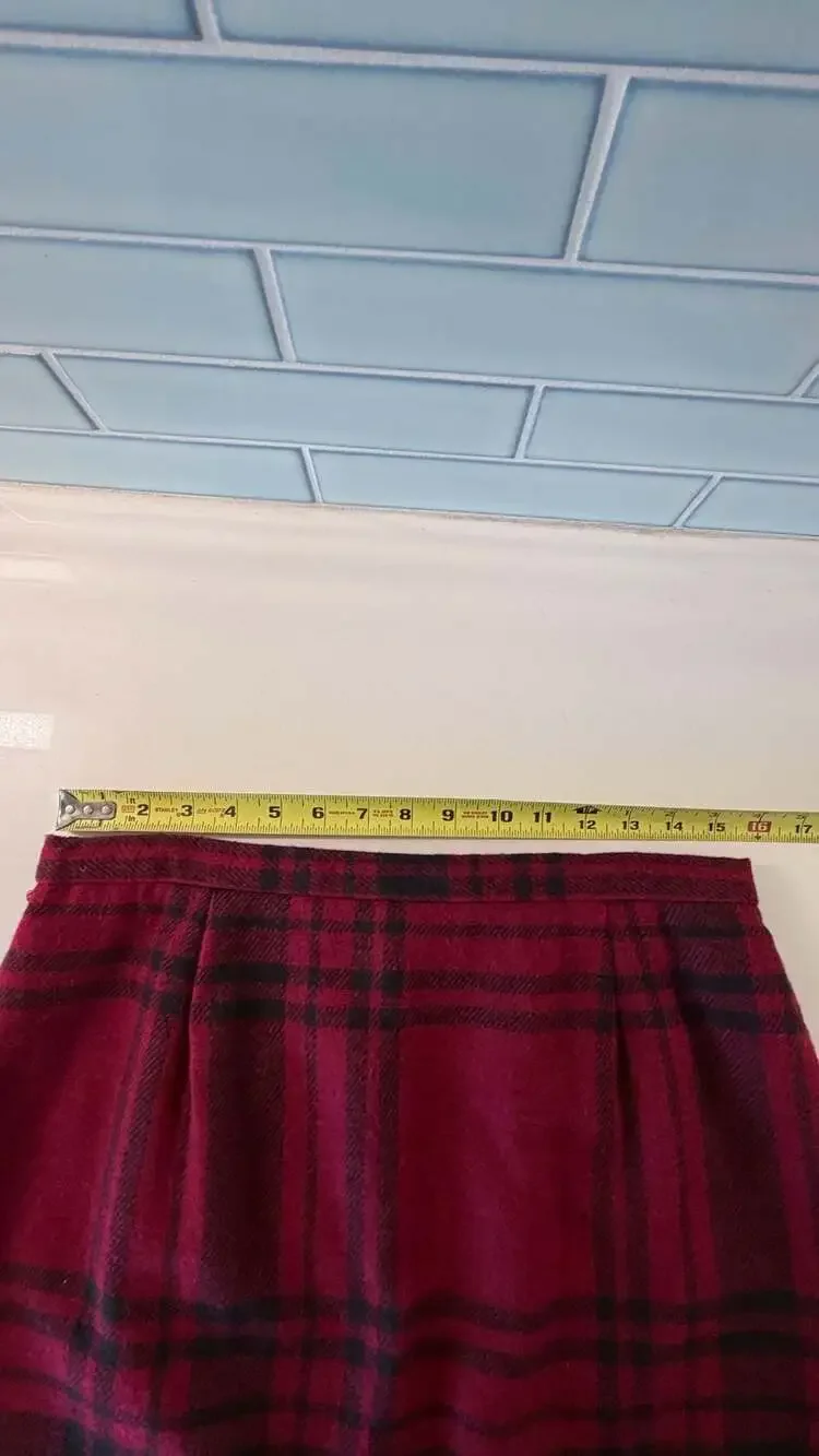 Vintage Red Black Plaid Wool Blend Midi Skirt with Fringe Size 14